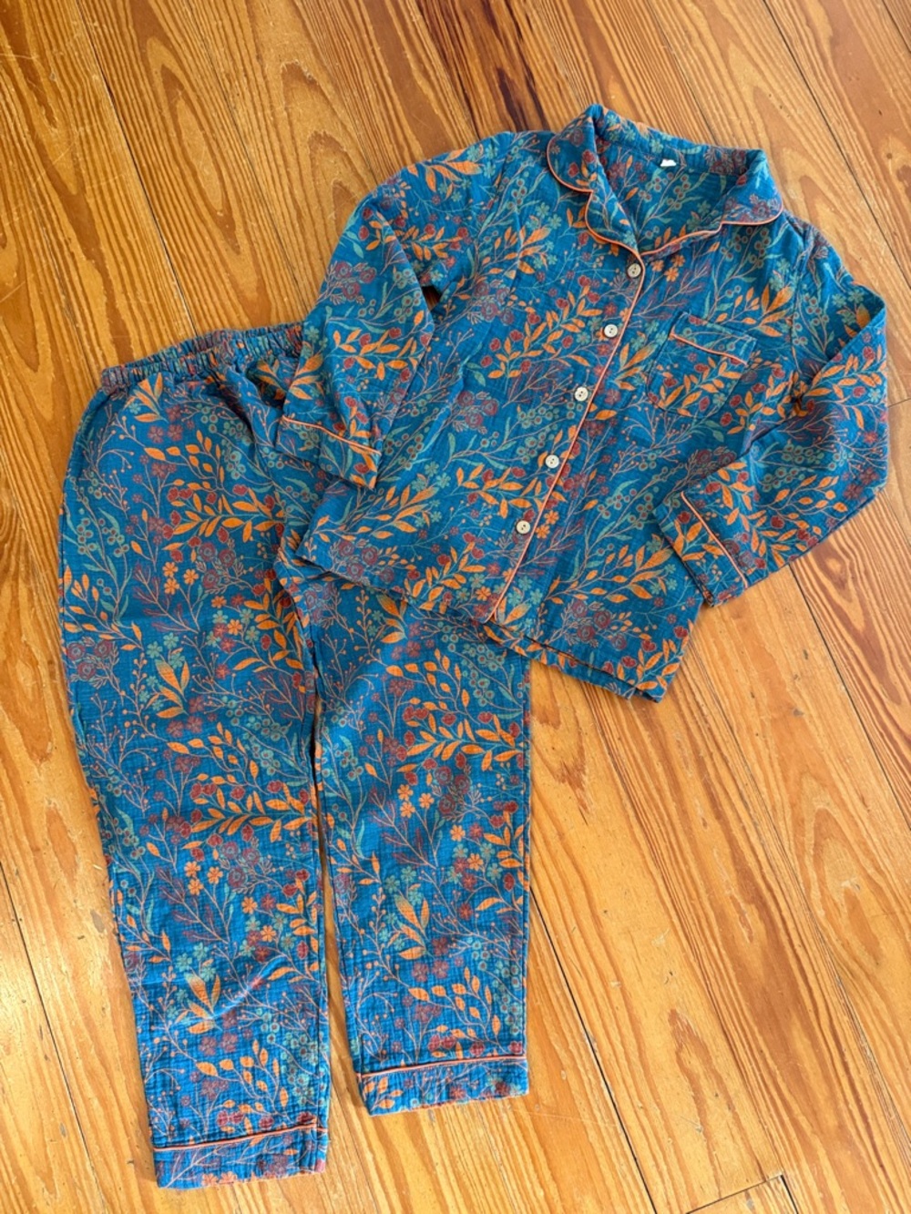 Blue Floral Pajama Set - Button-Up Top & Pants